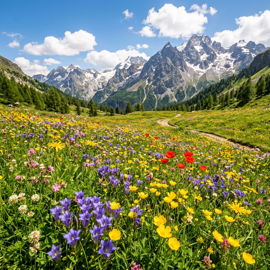 Vibrant mountain wildflower meadow with purple gentians and yellow buttercups blooming in alpine valley, dramatic mountain peaks in background, no people